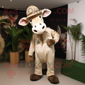 Beige Zebu mascot costume character dressed with a Cargo Pants and Brooches