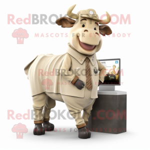 Beige Zebu mascot costume character dressed with a Cargo Pants and Brooches