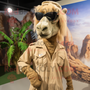 Olive Camel mascot costume character dressed with a Playsuit and Sunglasses