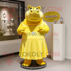 Yellow Hippopotamus mascot costume character dressed with a Shift Dress and Bracelet watches