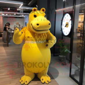 Yellow Hippopotamus mascot costume character dressed with a Shift Dress and Bracelet watches