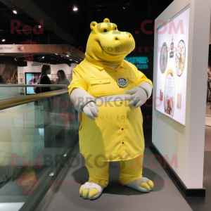 Yellow Hippopotamus mascot costume character dressed with a Shift Dress and Bracelet watches