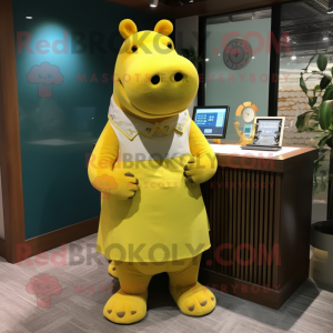 Yellow Hippopotamus mascot costume character dressed with a Shift Dress and Bracelet watches