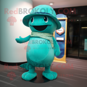 Teal Whale mascot costume character dressed with a Bikini and Hat pins