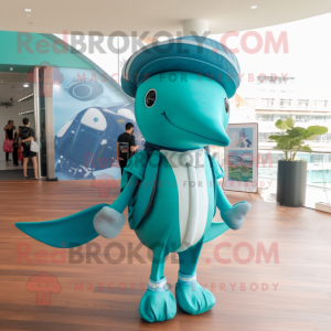 Teal Whale mascot costume character dressed with a Bikini and Hat pins