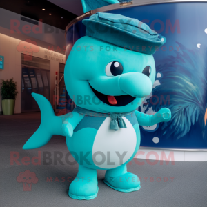 Teal Whale maskot kostume...