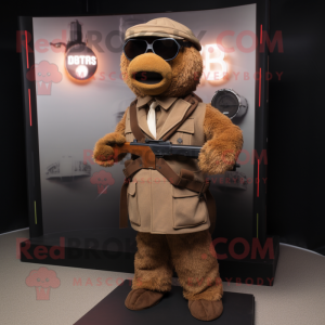 Brown Sniper mascot costume character dressed with a Blazer and Mittens