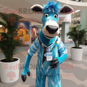 Sky Blue Okapi mascot costume character dressed with a Playsuit and Scarf clips