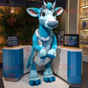 Sky Blue Okapi mascot costume character dressed with a Playsuit and Scarf clips