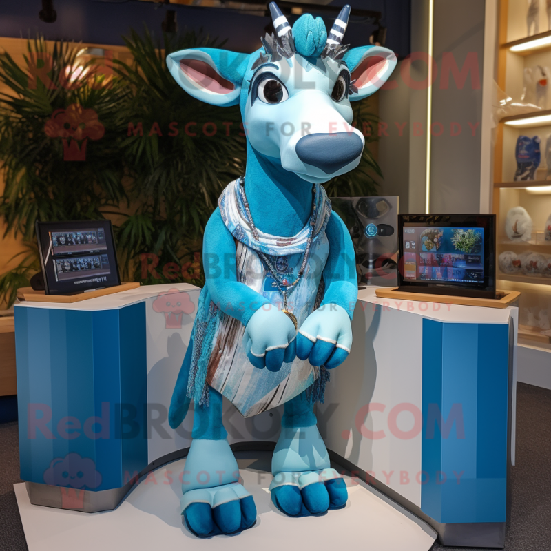 Sky Blue Okapi mascot costume character dressed with a Playsuit and Scarf clips Sky Blue Okapi mascot costume character dressed with a Playsuit and Scarf clips
