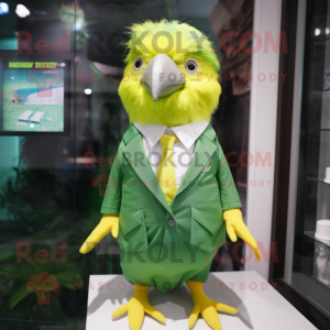 Forest Green Canary mascot costume character dressed with a Poplin Shirt and Hair clips