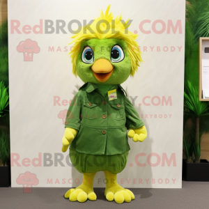 Forest Green Canary mascot costume character dressed with a Poplin Shirt and Hair clips
