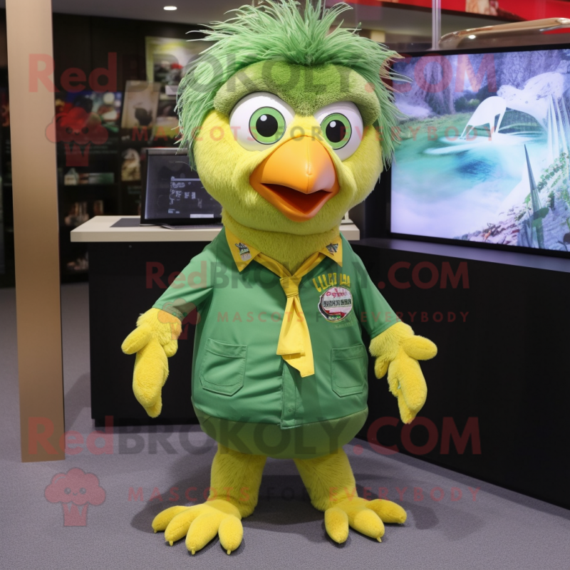 Forest Green Canary mascot costume character dressed with a Poplin Shirt and Hair clips