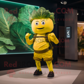 Yellow Cabbage Leaf mascot costume character dressed with a Bodysuit and Smartwatches