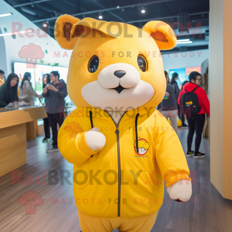 Yellow Hamster mascot costume character dressed with a Sweatshirt and Brooches