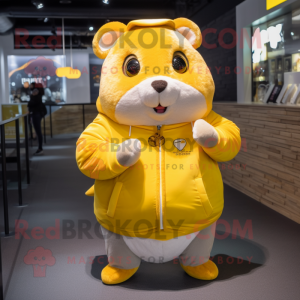 Yellow Hamster mascot costume character dressed with a Sweatshirt and Brooches