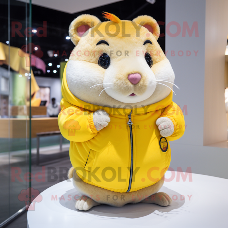 Yellow Hamster mascot costume character dressed with a Sweatshirt and Brooches