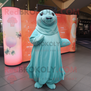 Peach Stellar'S Sea Cow mascot costume character dressed with a Midi Dress and Shawls