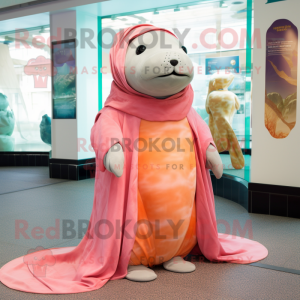 Peach Stellar'S Sea Cow mascot costume character dressed with a Midi Dress and Shawls