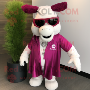 Magenta Hereford Cow mascot costume character dressed with a Dress Pants and Sunglasses