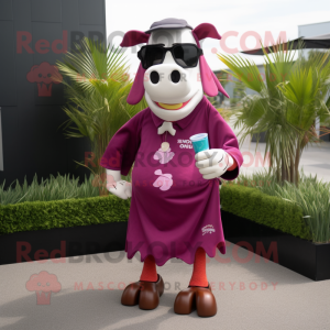 Magenta Hereford Cow mascot costume character dressed with a Dress Pants and Sunglasses