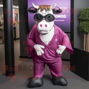 Magenta Hereford Cow mascot costume character dressed with a Dress Pants and Sunglasses