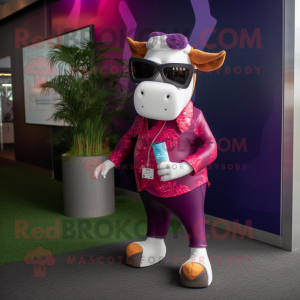 Magenta Hereford Cow mascot costume character dressed with a Dress Pants and Sunglasses