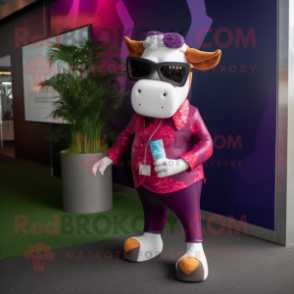 Magenta Hereford Cow mascot costume character dressed with a Dress Pants and Sunglasses