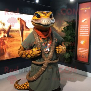 Rust Anaconda mascot costume character dressed with a Graphic Tee and Bracelets