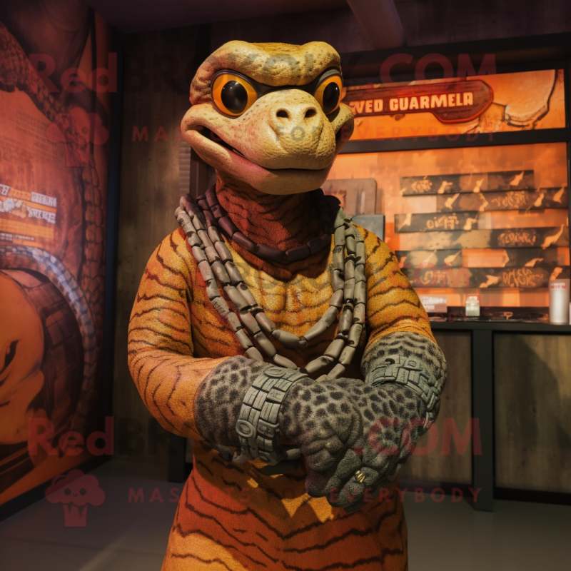 Rust Anaconda mascot costume character dressed with a Graphic Tee and Bracelets