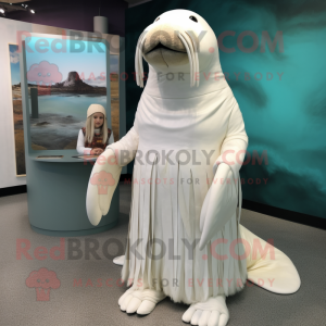 White Walrus mascot costume character dressed with a Empire Waist Dress and Hair clips