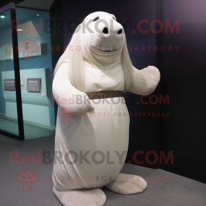 White Walrus mascot costume character dressed with a Empire Waist Dress and Hair clips