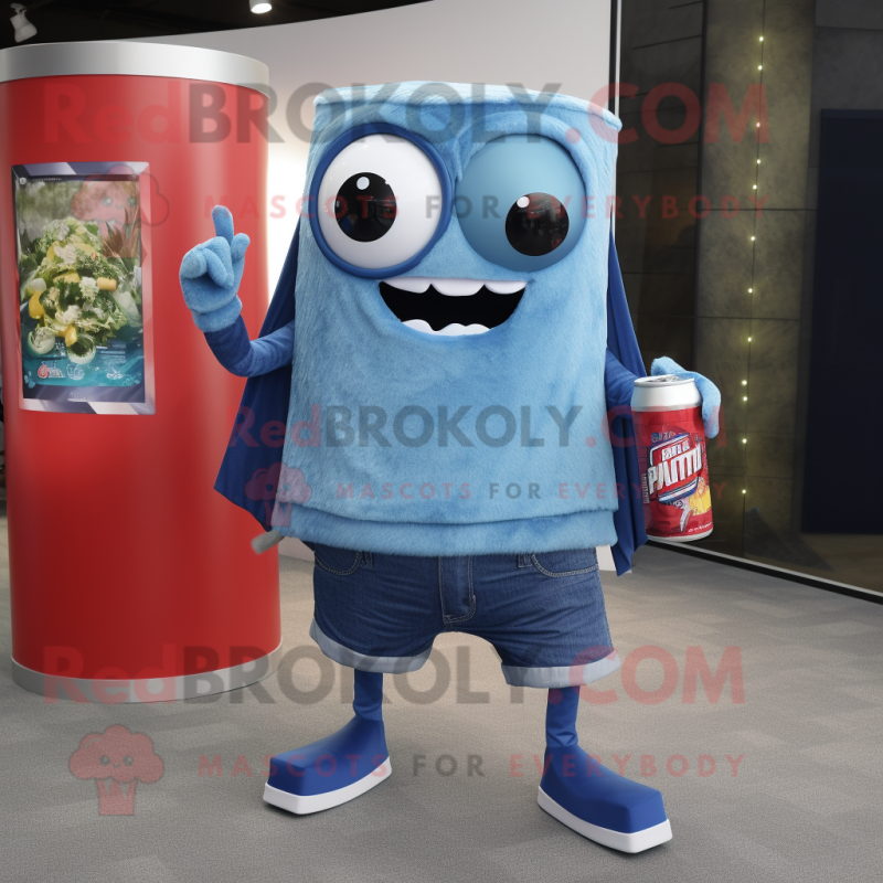 Blue Soda Can mascot costume character dressed with a Denim Shorts and Wraps