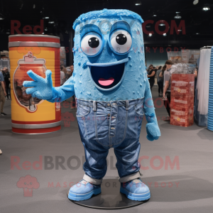Blue Soda Can mascot costume character dressed with a Denim Shorts and Wraps