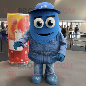 Blue Soda Can mascot costume character dressed with a Denim Shorts and Wraps