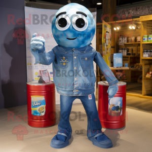 Blue Soda Can mascot costume character dressed with a Denim Shorts and Wraps