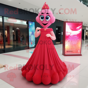 Red Pink mascot costume character dressed with a Evening Gown and Earrings