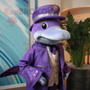 Purple Dolphin mascot costume character dressed with a Waistcoat and Hat pins