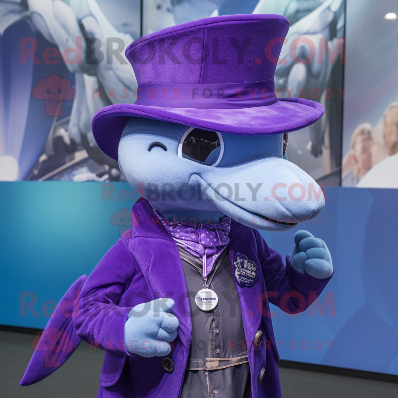 Purple Dolphin mascot costume character dressed with a Waistcoat and Hat pins