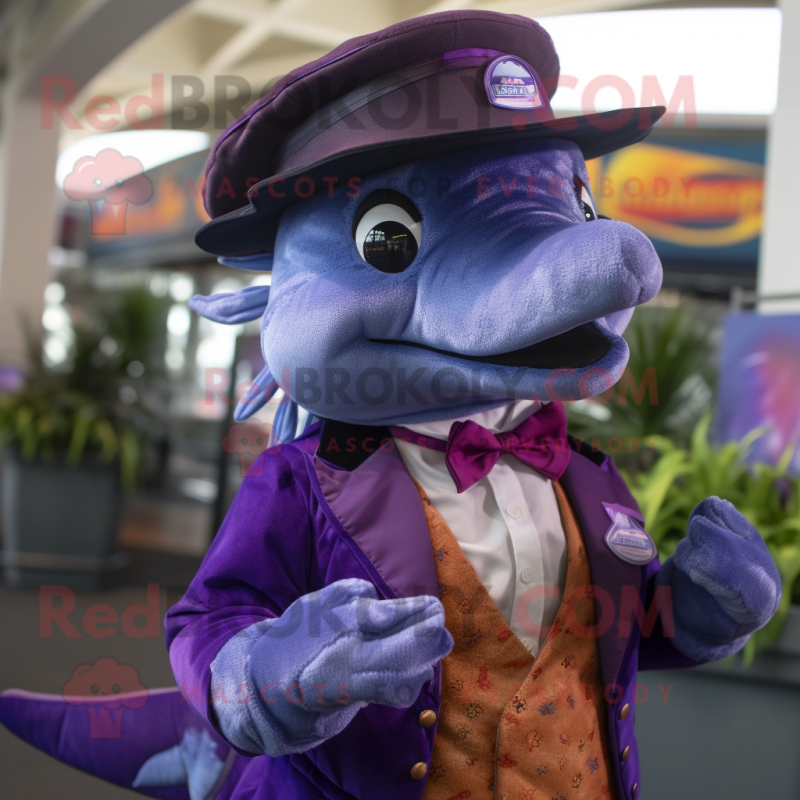 Purple Dolphin mascot costume character dressed with a Waistcoat and Hat pins Purple Dolphin mascot costume character dressed with a Waistcoat and Hat pins