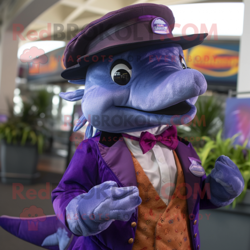 Purple Dolphin mascot costume character dressed with a Waistcoat and Hat pins