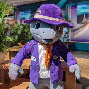 Purple Dolphin mascot costume character dressed with a Waistcoat and Hat pins