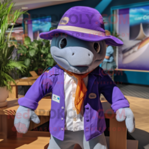 Purple Dolphin mascot costume character dressed with a Waistcoat and Hat pins