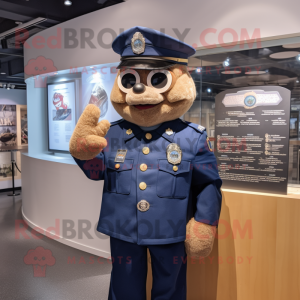 Navy Police Officer mascot costume character dressed with a Chambray Shirt and Hat pins
