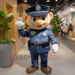 Navy Police Officer mascot costume character dressed with a Chambray Shirt and Hat pins