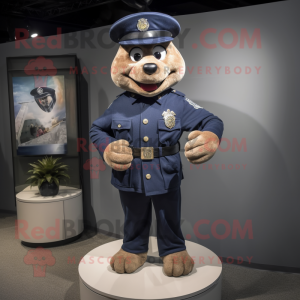 Navy Police Officer mascot costume character dressed with a Chambray Shirt and Hat pins