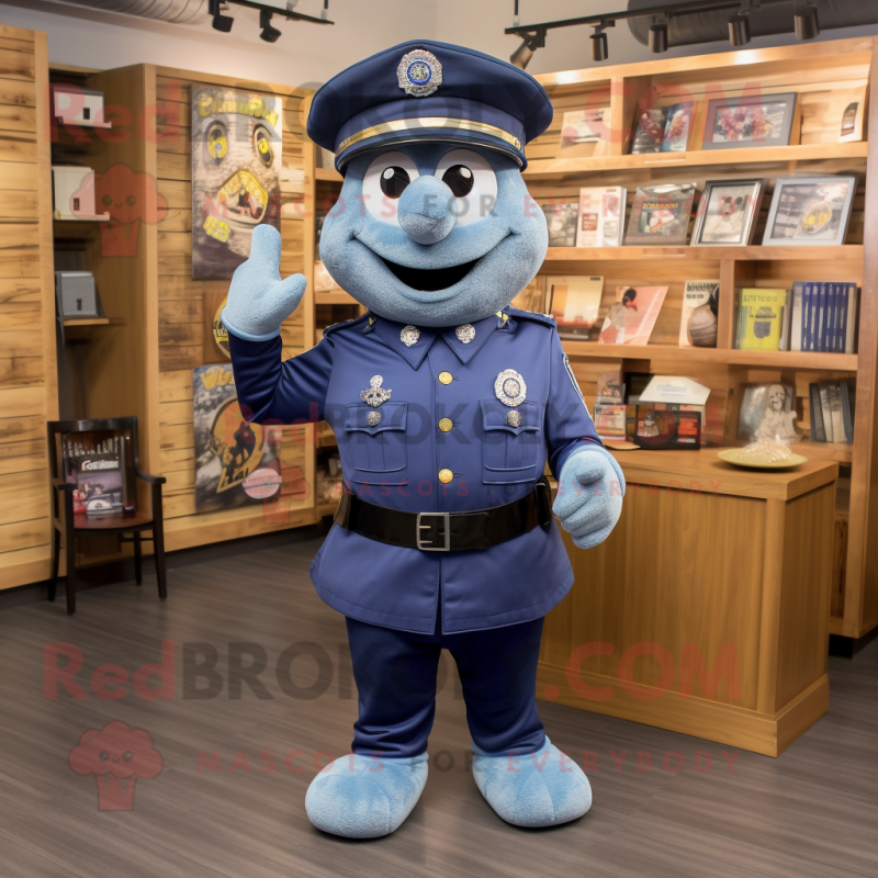Navy Police Officer mascot costume character dressed with a Chambray Shirt and Hat pins Navy Police Officer mascot costume character dressed with a Chambray Shirt and Hat pins