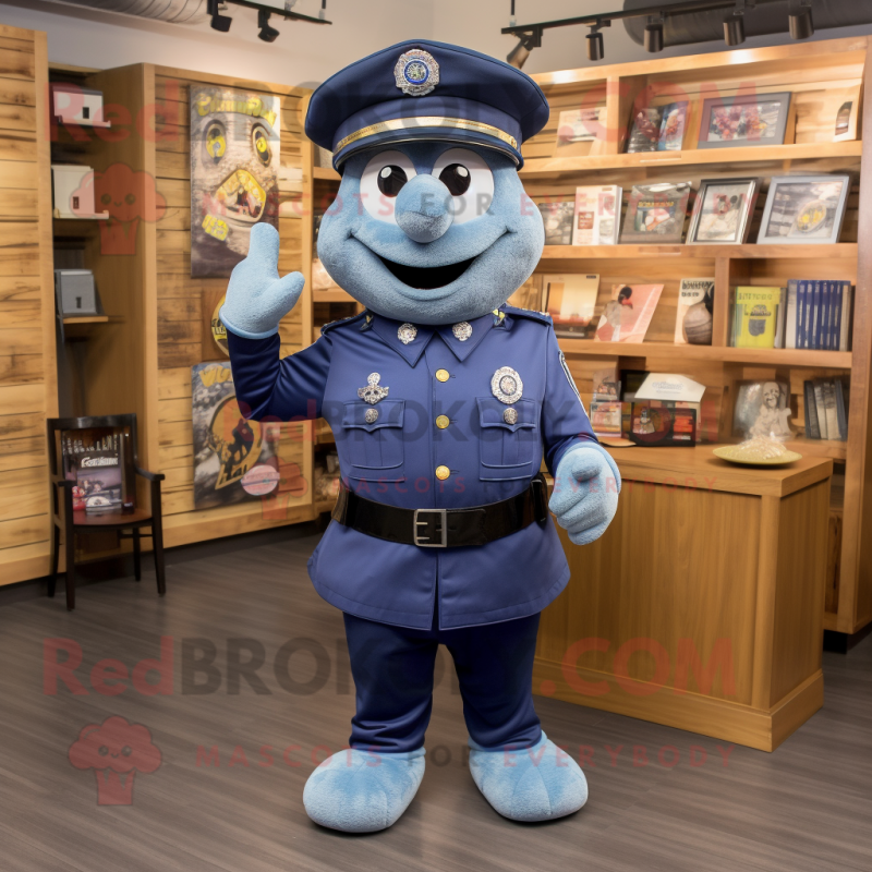 Navy Police Officer mascot costume character dressed with a Chambray Shirt and Hat pins