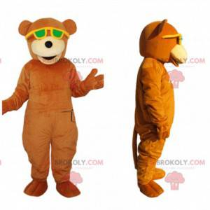 Mascotte orso arancione con occhiali da sole gialli -