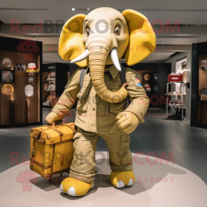 Gold Elephant mascot costume character dressed with a Cargo Shorts and Clutch bags